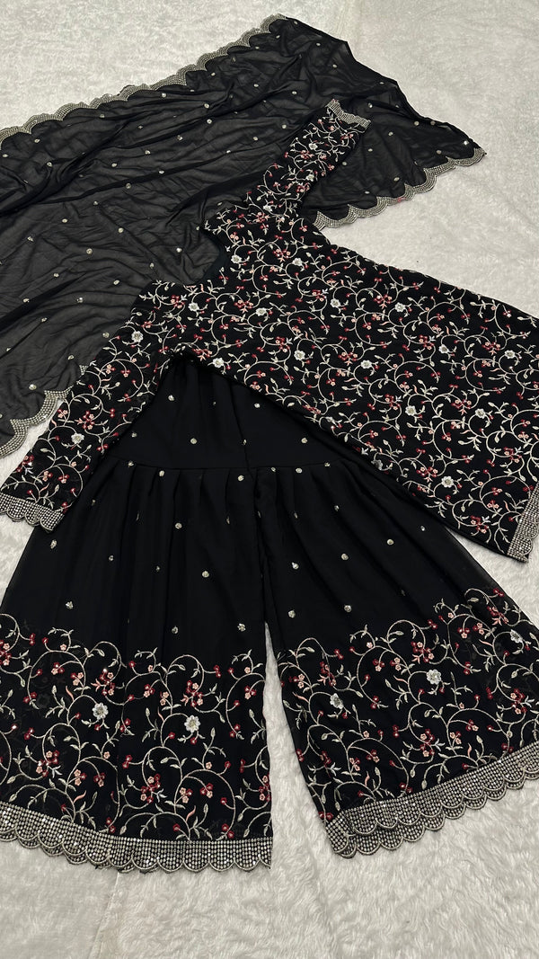 Black Festive Georgette Sharara Set with Sequins, Thread & Zari Work ClothsVilla