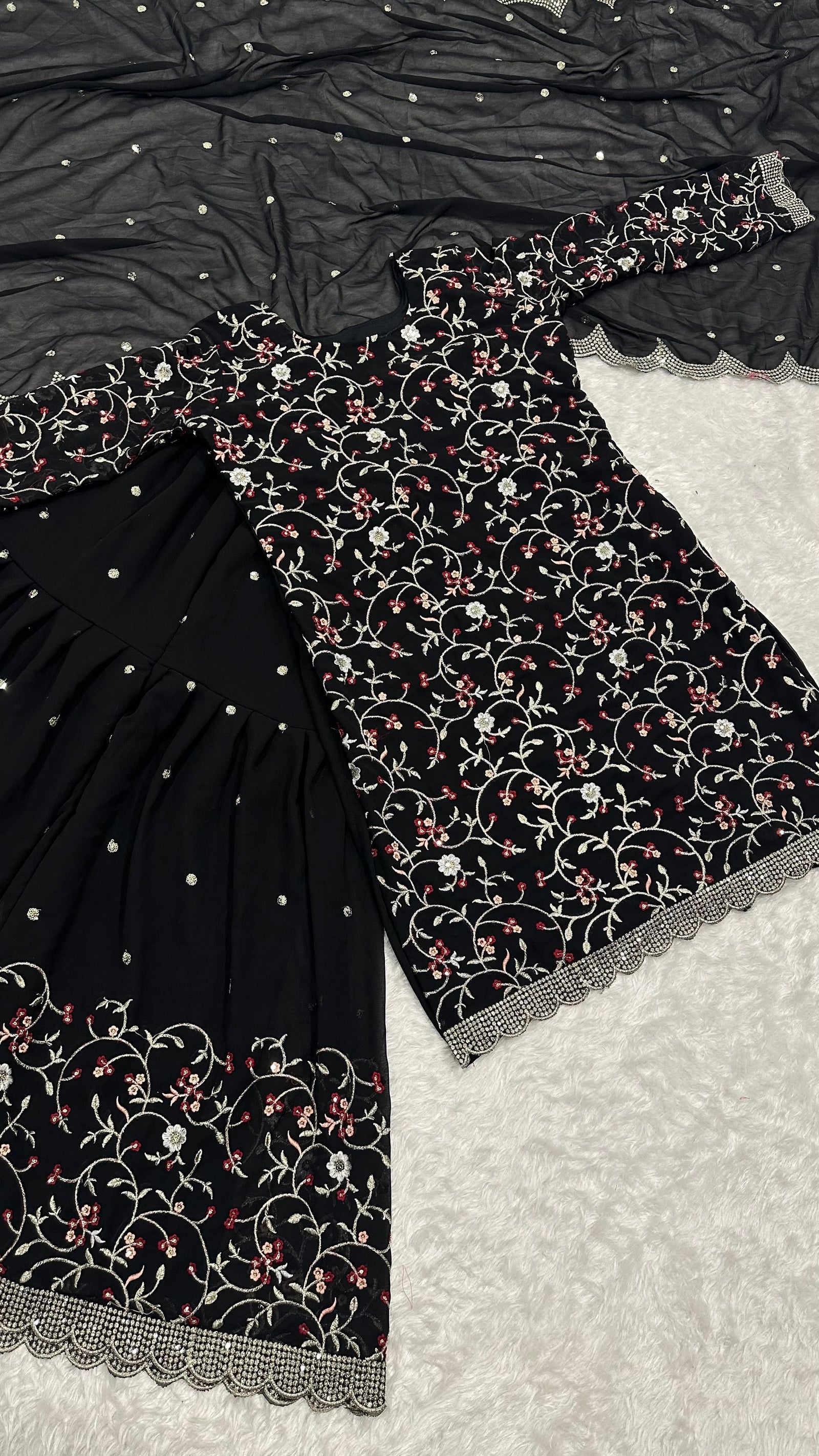 Black Festive Georgette Sharara Set with Sequins, Thread & Zari Work ClothsVilla