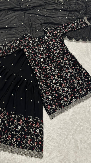 Black Festive Georgette Sharara Set with Sequins, Thread & Zari Work ClothsVilla