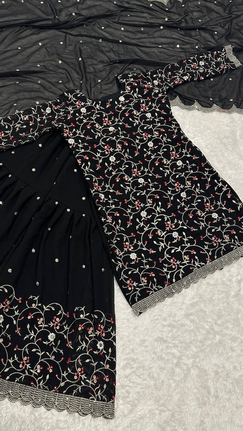 Black Festive Georgette Sharara Set with Sequins, Thread & Zari Work ClothsVilla Main image