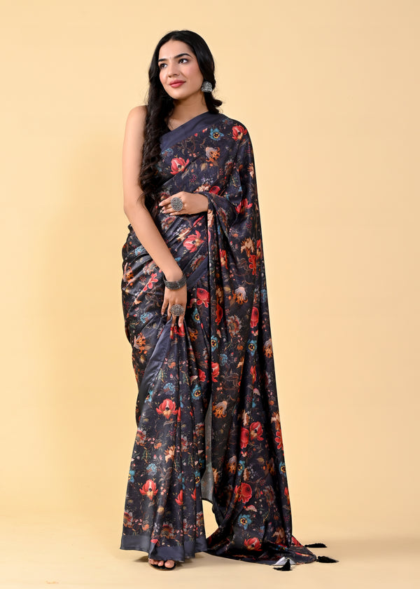 Black Floral Digital Printed Heavy Satin Silk Saree with Black Silk Blouse ClothsVilla