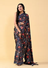 Load image into Gallery viewer, Black Floral Digital Printed Heavy Satin Silk Saree with Black Silk Blouse ClothsVilla