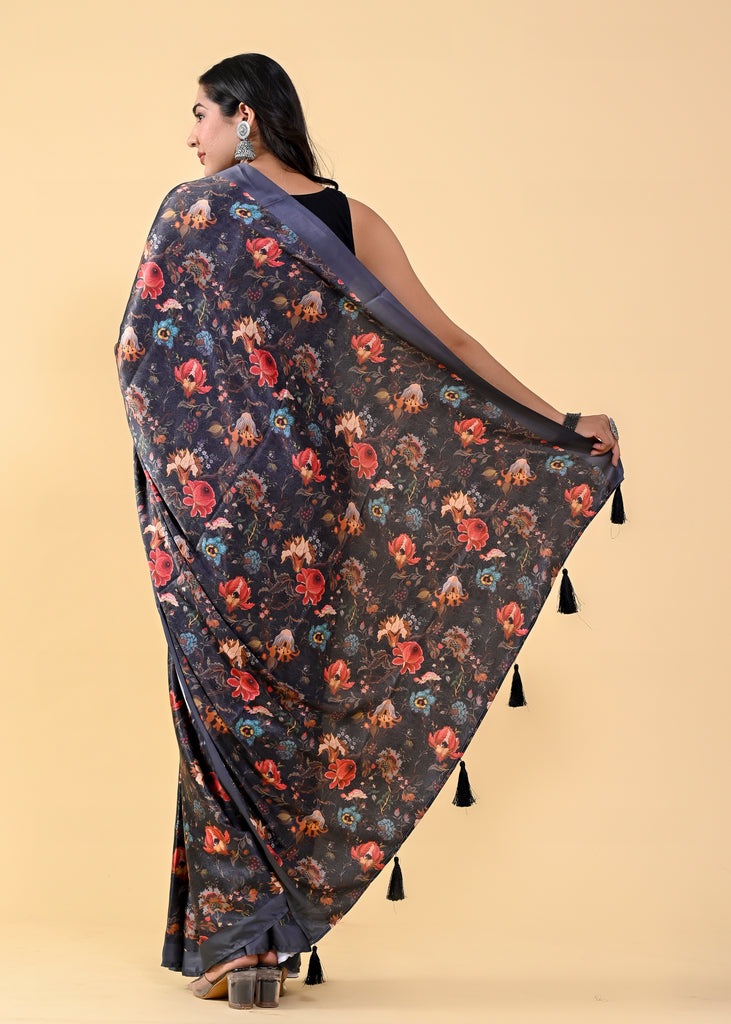 Black Floral Digital Printed Heavy Satin Silk Saree with Black Silk Blouse ClothsVilla