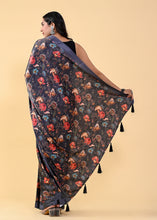 Load image into Gallery viewer, Black Floral Digital Printed Heavy Satin Silk Saree with Black Silk Blouse ClothsVilla