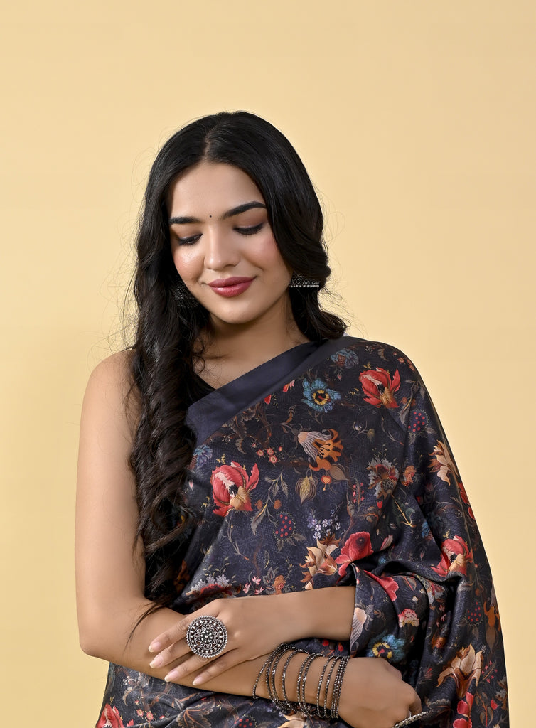 Black Floral Digital Printed Heavy Satin Silk Saree with Black Silk Blouse ClothsVilla