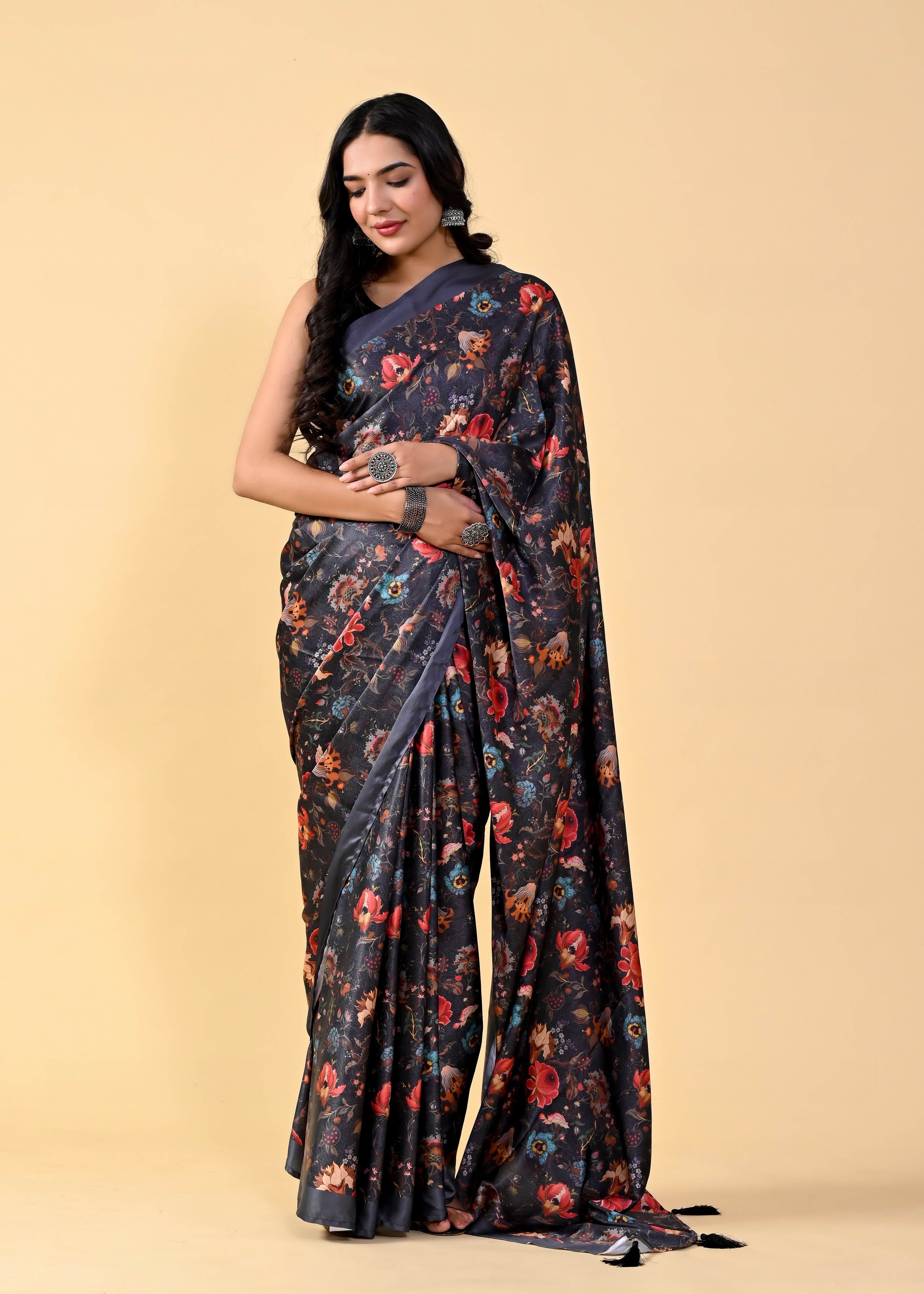 Black Floral Digital Printed Heavy Satin Silk Saree with Black Silk Blouse ClothsVilla Main image