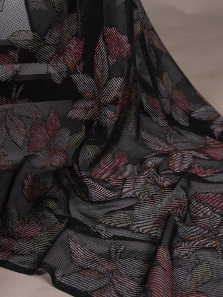 Black Floral Lurex Brasso Saree with Unstitched Blouse – Elegant Viscose Brasso Work ClothsVilla