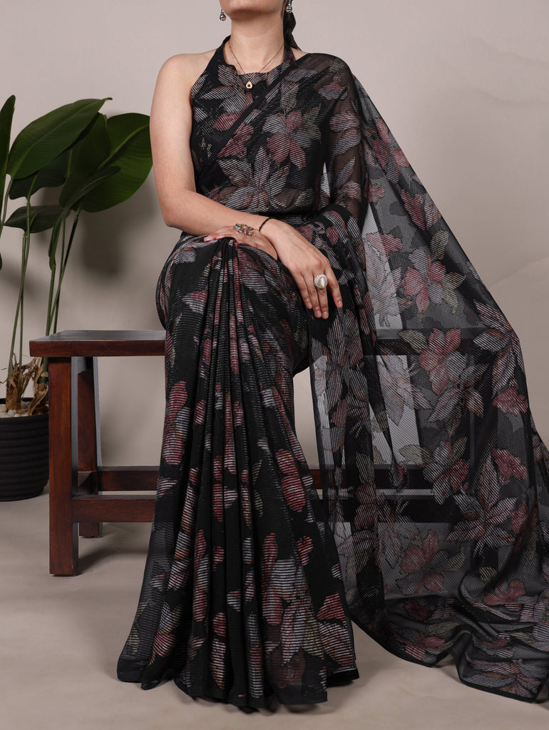Black Floral Lurex Brasso Saree with Unstitched Blouse – Elegant Viscose Brasso Work ClothsVilla