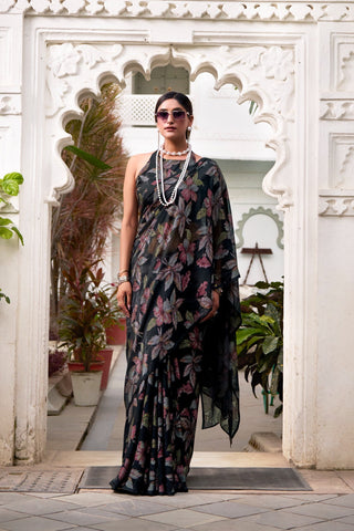 Black Floral Lurex Brasso Saree with Unstitched Blouse – Elegant Viscose Brasso Work ClothsVilla