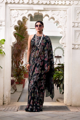 Black Floral Lurex Brasso Saree with Unstitched Blouse – Elegant Viscose Brasso Work ClothsVilla