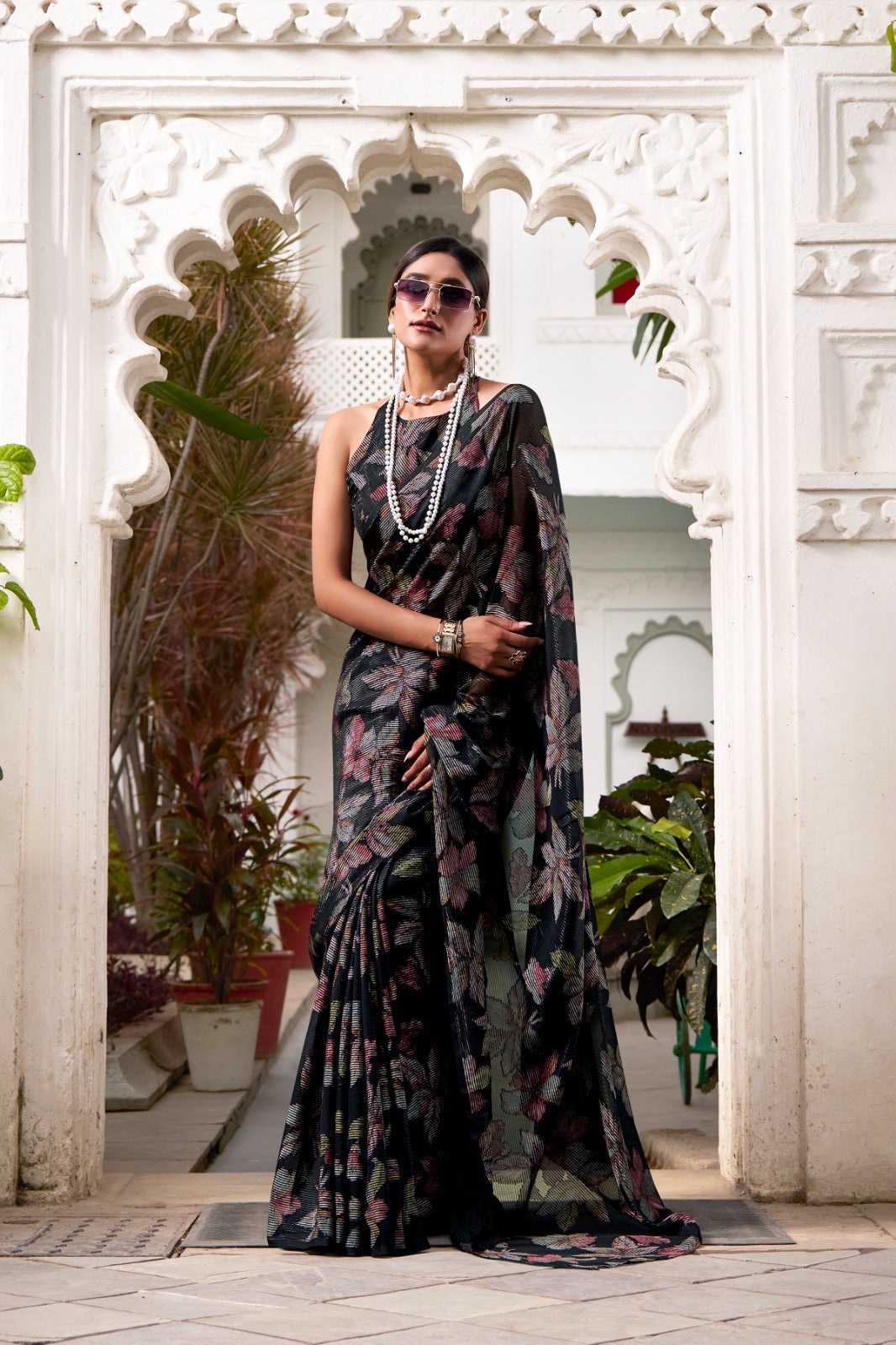 Black Floral Lurex Brasso Saree with Unstitched Blouse – Elegant Viscose Brasso Work ClothsVilla Main image