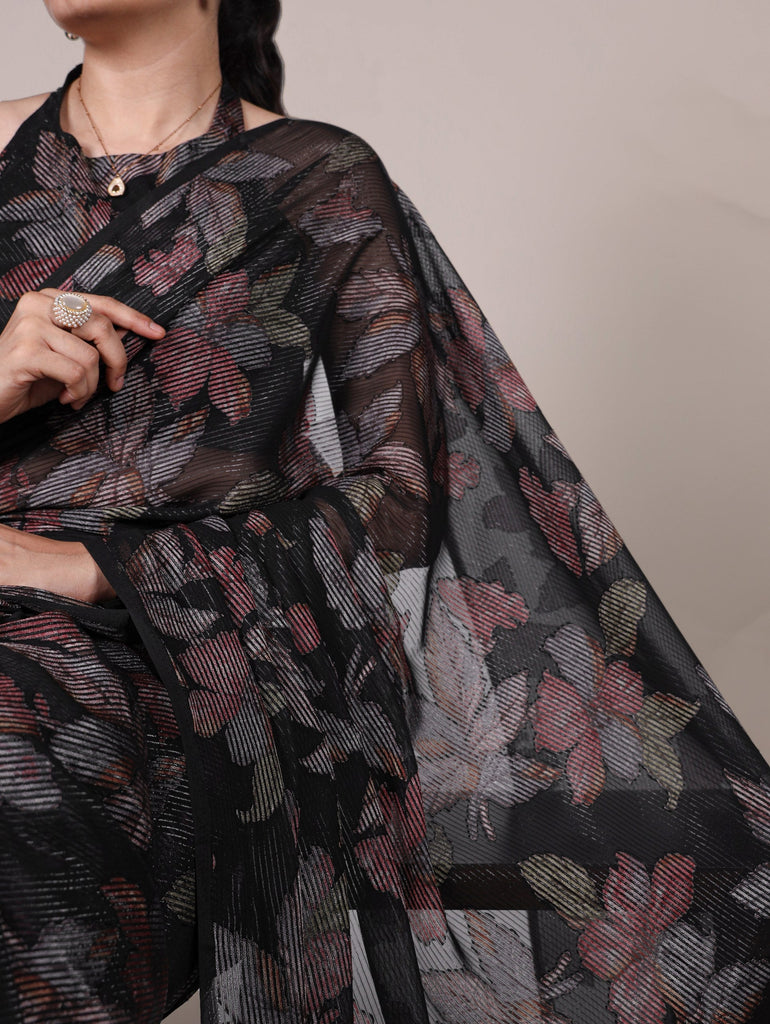 Black Floral Lurex Brasso Saree with Unstitched Blouse – Elegant Viscose Brasso Work ClothsVilla