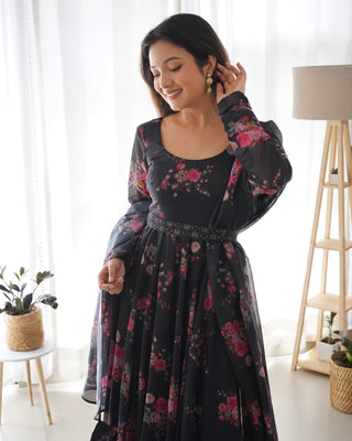 Black Floral Organza Anarkali Gown Set – Perfect for Weddings & Festivities
