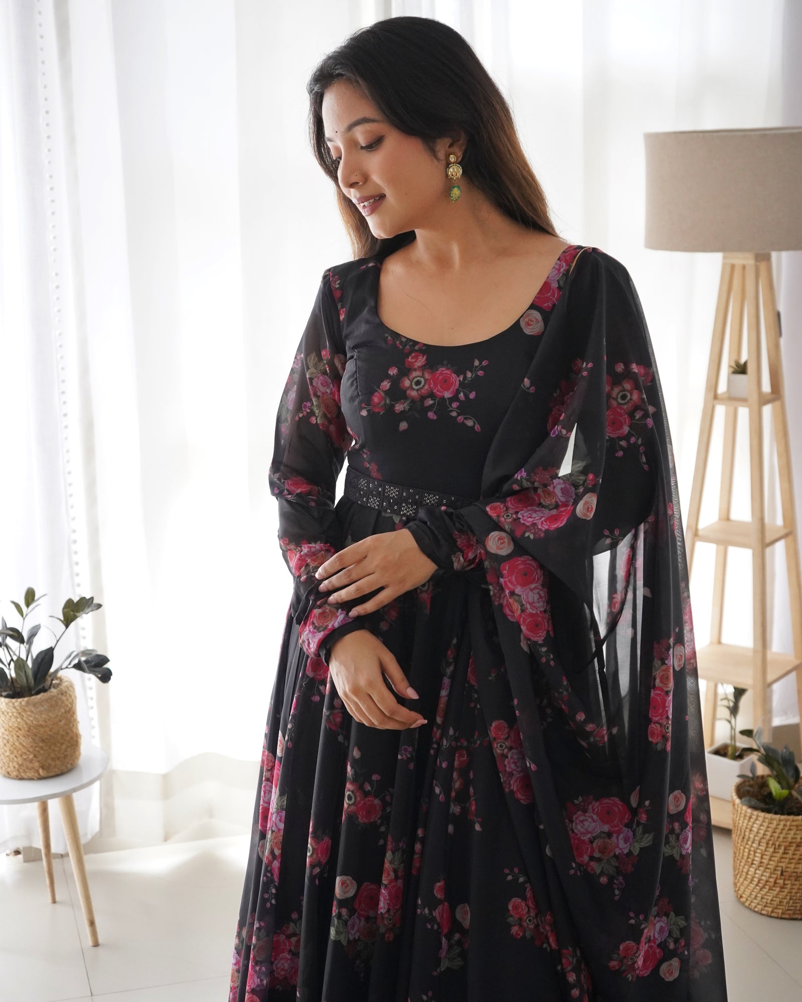 Black Floral Organza Anarkali Gown Set – Perfect for Weddings & Festivities