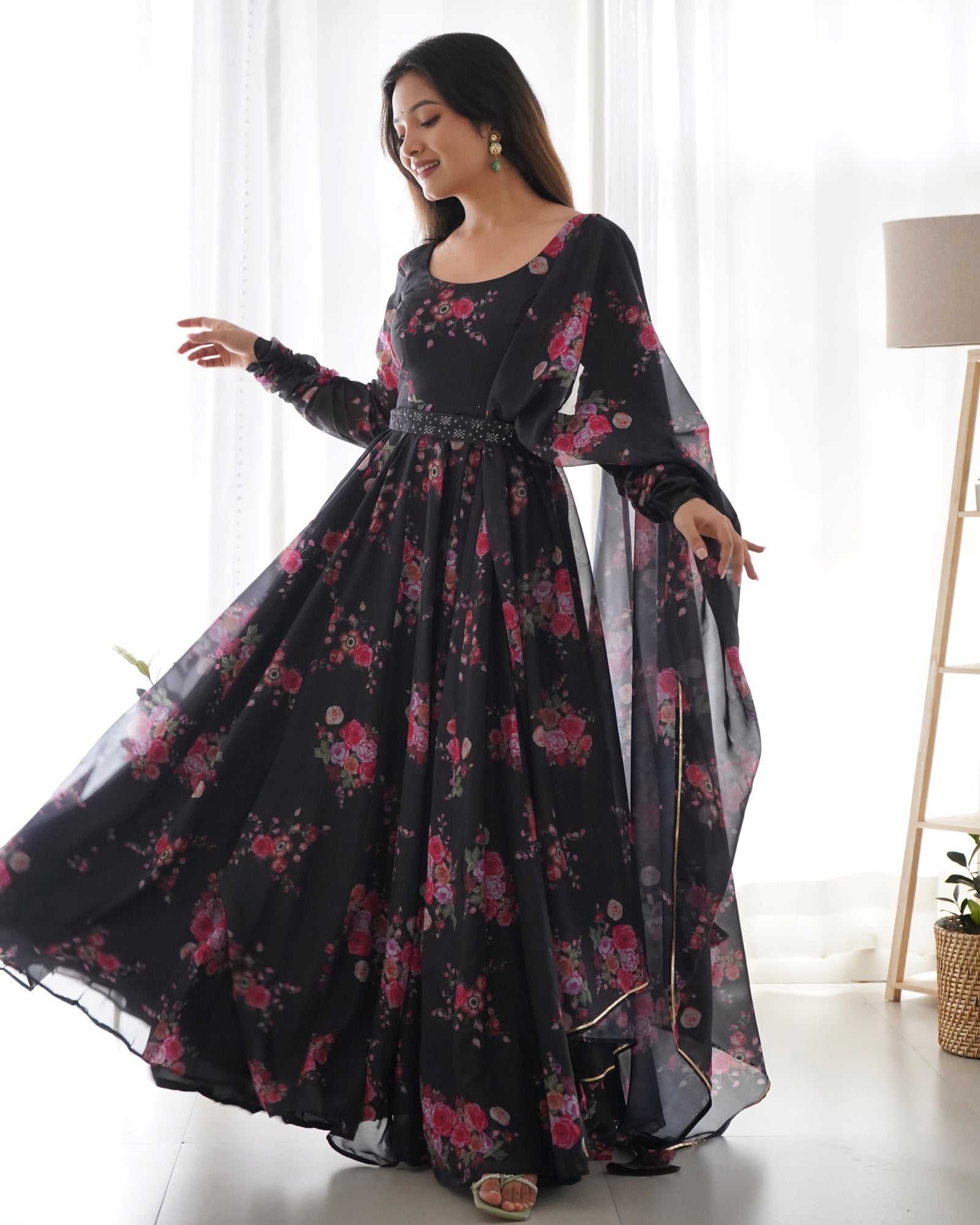 Black Floral Organza Anarkali Gown Set – Perfect for Weddings & Festivities