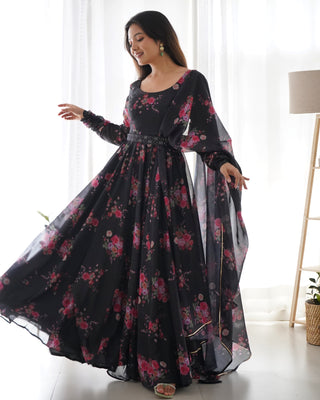 Black Floral Organza Anarkali Gown Set – Perfect for Weddings & Festivities