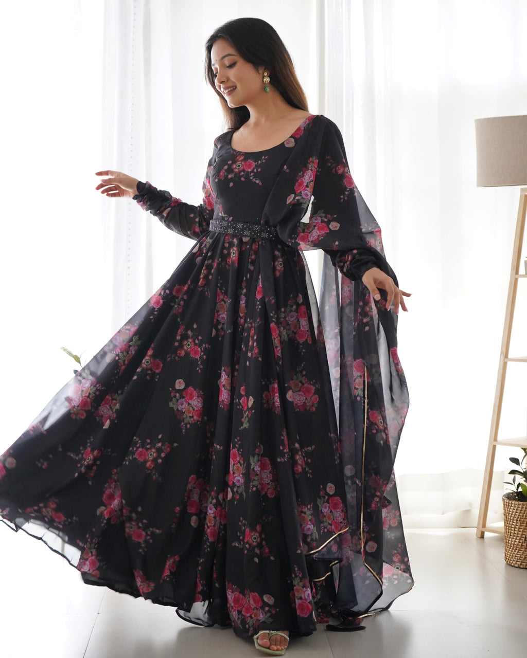 Black Floral Organza Anarkali Gown Set – Perfect for Weddings & Festivities
