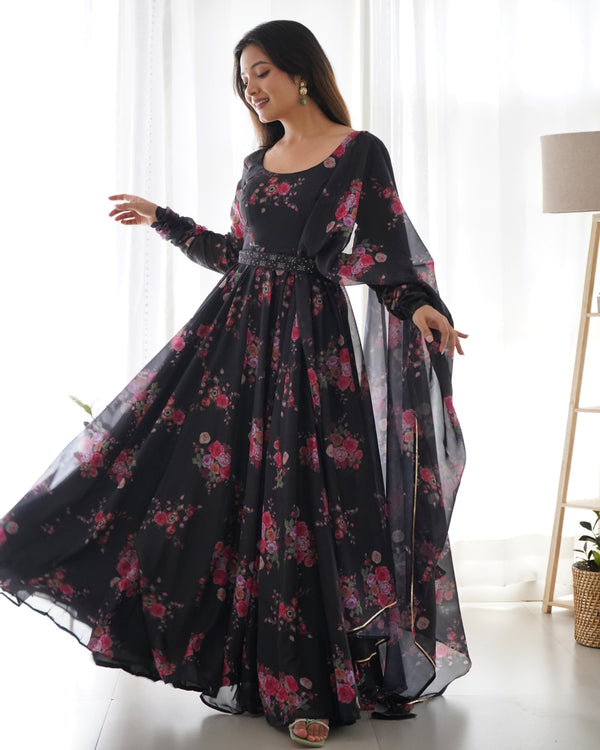 Black Floral Organza Anarkali Gown Set – Perfect for Weddings & Festivities