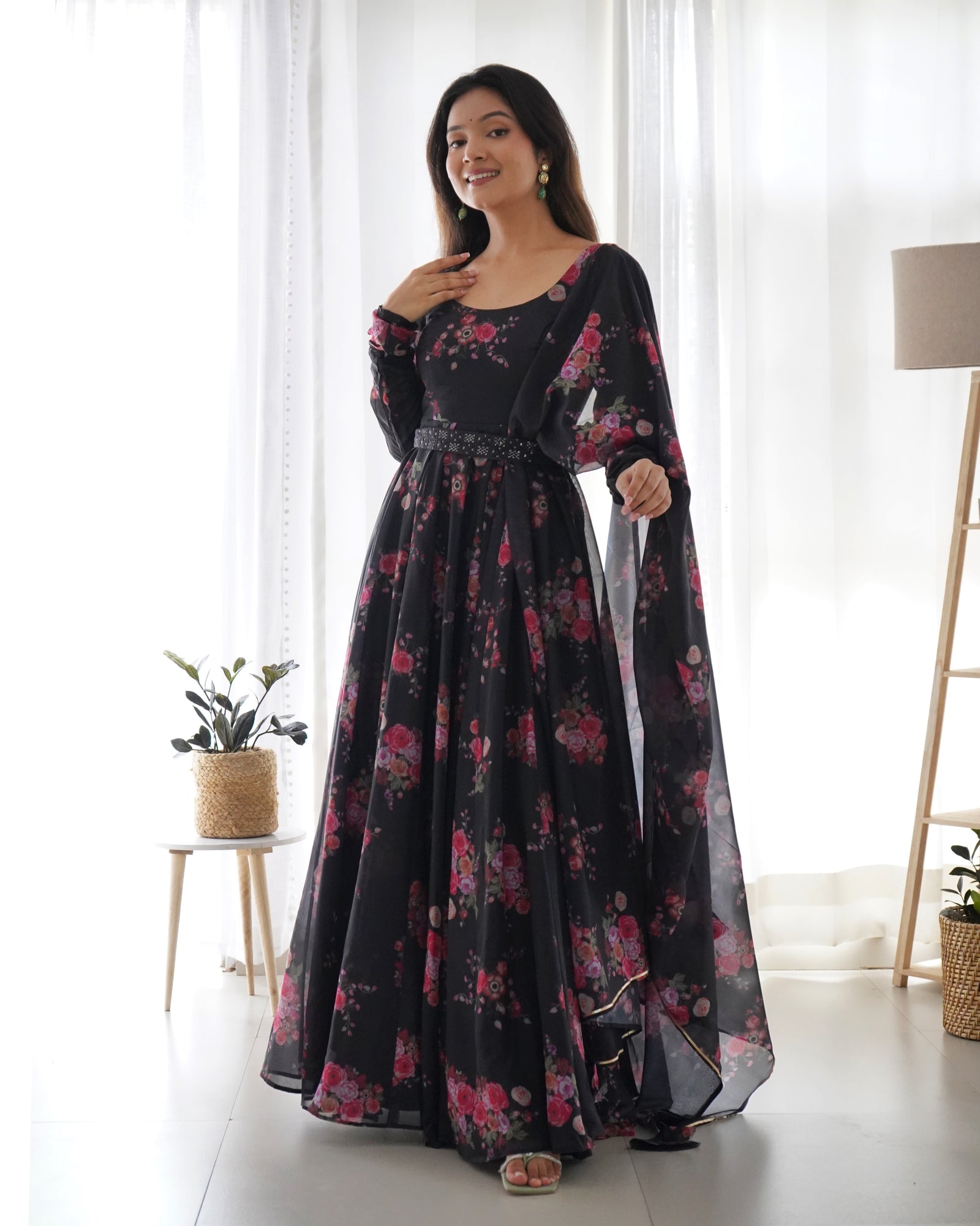 Black Floral Organza Anarkali Gown Set – Perfect for Weddings & Festivities
