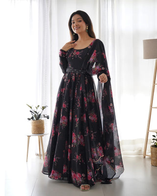 Black Floral Organza Anarkali Gown Set – Perfect for Weddings & Festivities