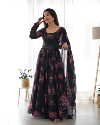 Black Floral Organza Anarkali Gown Set – Perfect for Weddings & Festivities