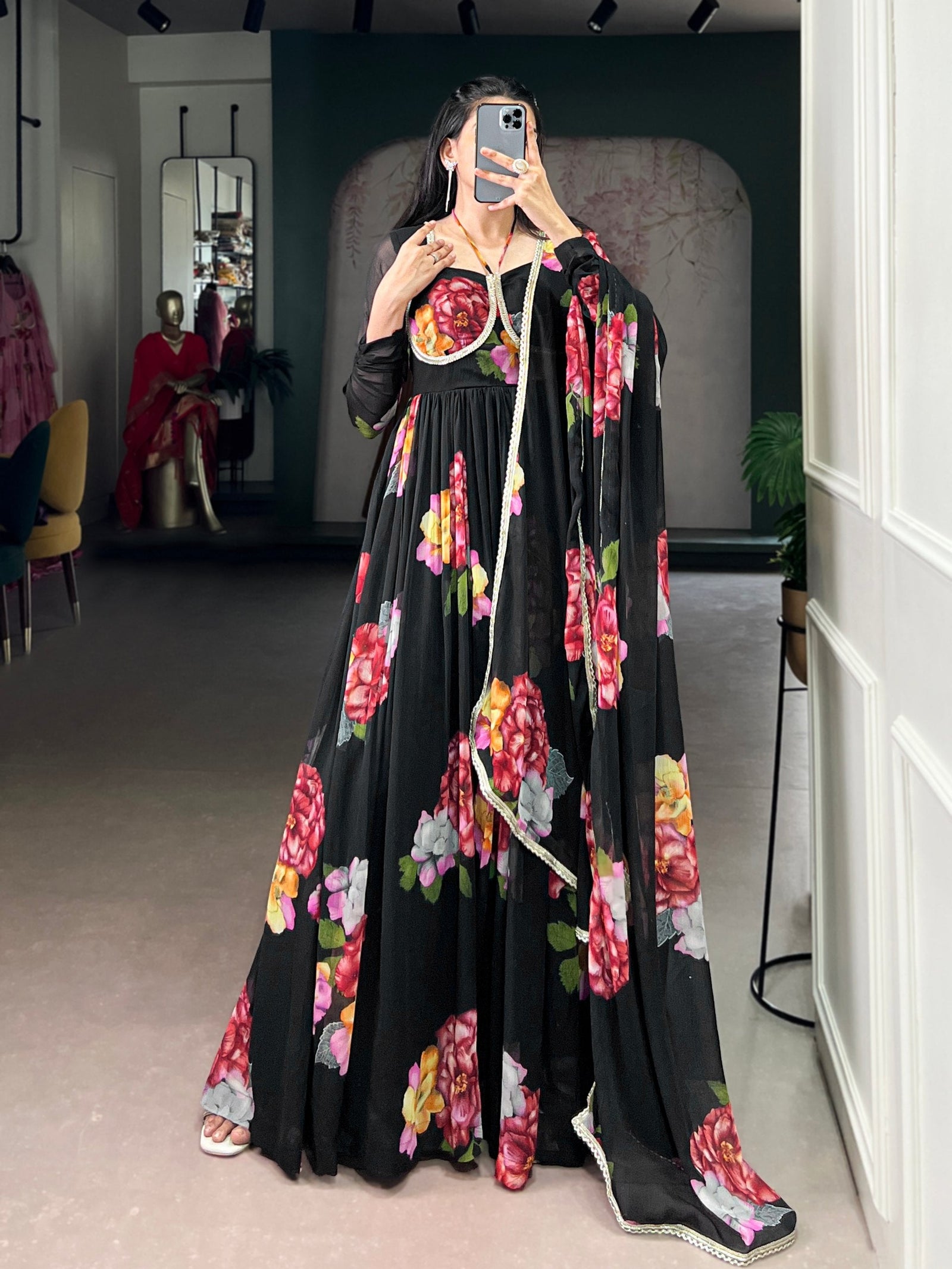 Black Floral Print Chiffon Stitched Gown with Lace Touch-Up & Designer Dupatta – Full Flair Partywear Gown for Women ClothsVilla