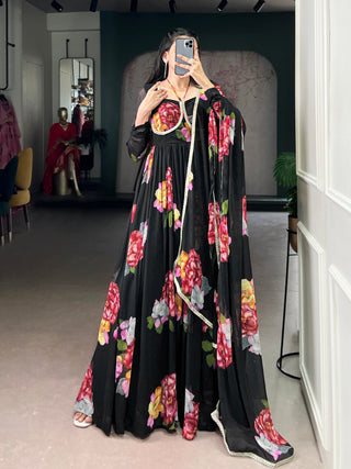 Black Floral Print Chiffon Stitched Gown with Lace Touch-Up & Designer Dupatta – Full Flair Partywear Gown for Women ClothsVilla