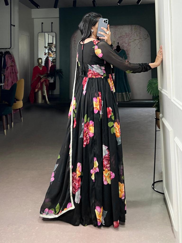 Black Floral Print Chiffon Stitched Gown with Lace Touch-Up & Designer Dupatta – Full Flair Partywear Gown for Women ClothsVilla
