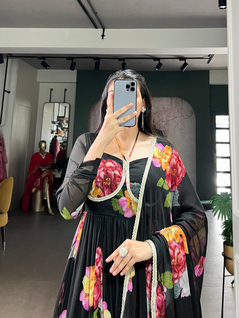 Black Floral Print Chiffon Stitched Gown with Lace Touch-Up & Designer Dupatta – Full Flair Partywear Gown for Women ClothsVilla