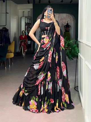 Black Floral Print Lehenga Set ClothsVilla
