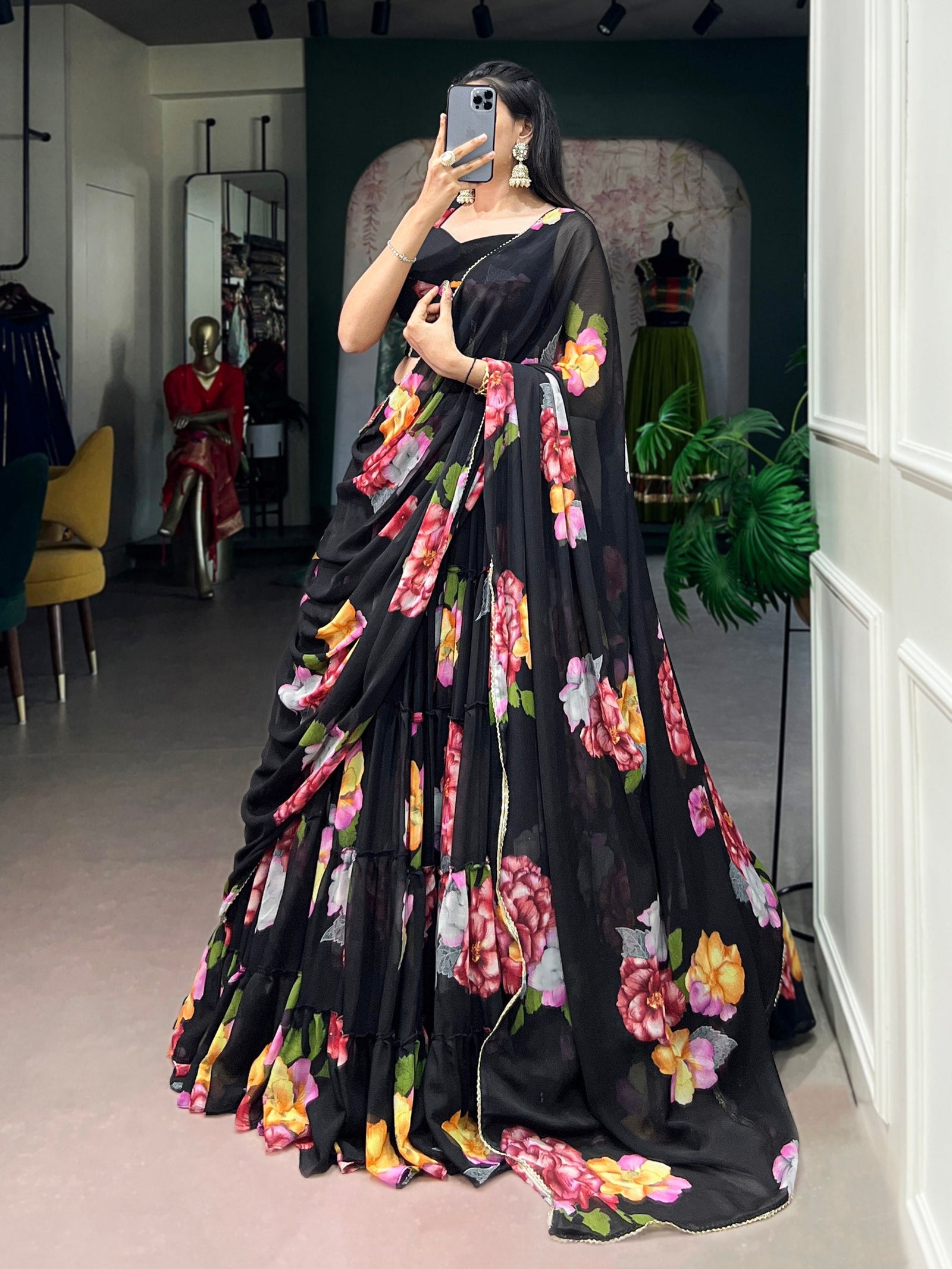 Black Floral Print Lehenga Set ClothsVilla