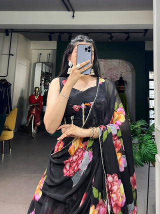 Black Floral Print Lehenga Set ClothsVilla