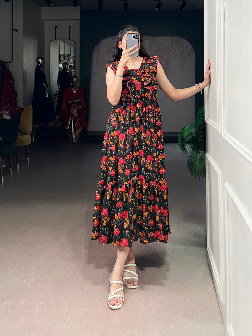 Black Floral Print Maslin Silk Stitched Frock with 4-Meter Flair & Micro Crepe Lining ClothsVilla Main image