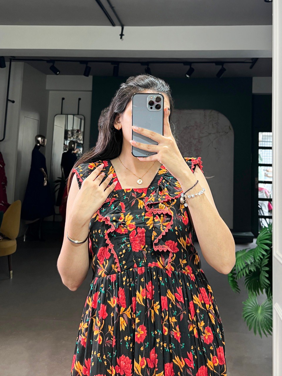 Black Floral Print Maslin Silk Stitched Frock with 4-Meter Flair & Micro Crepe Lining ClothsVilla