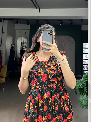 Black Floral Print Maslin Silk Stitched Frock with 4-Meter Flair & Micro Crepe Lining ClothsVilla