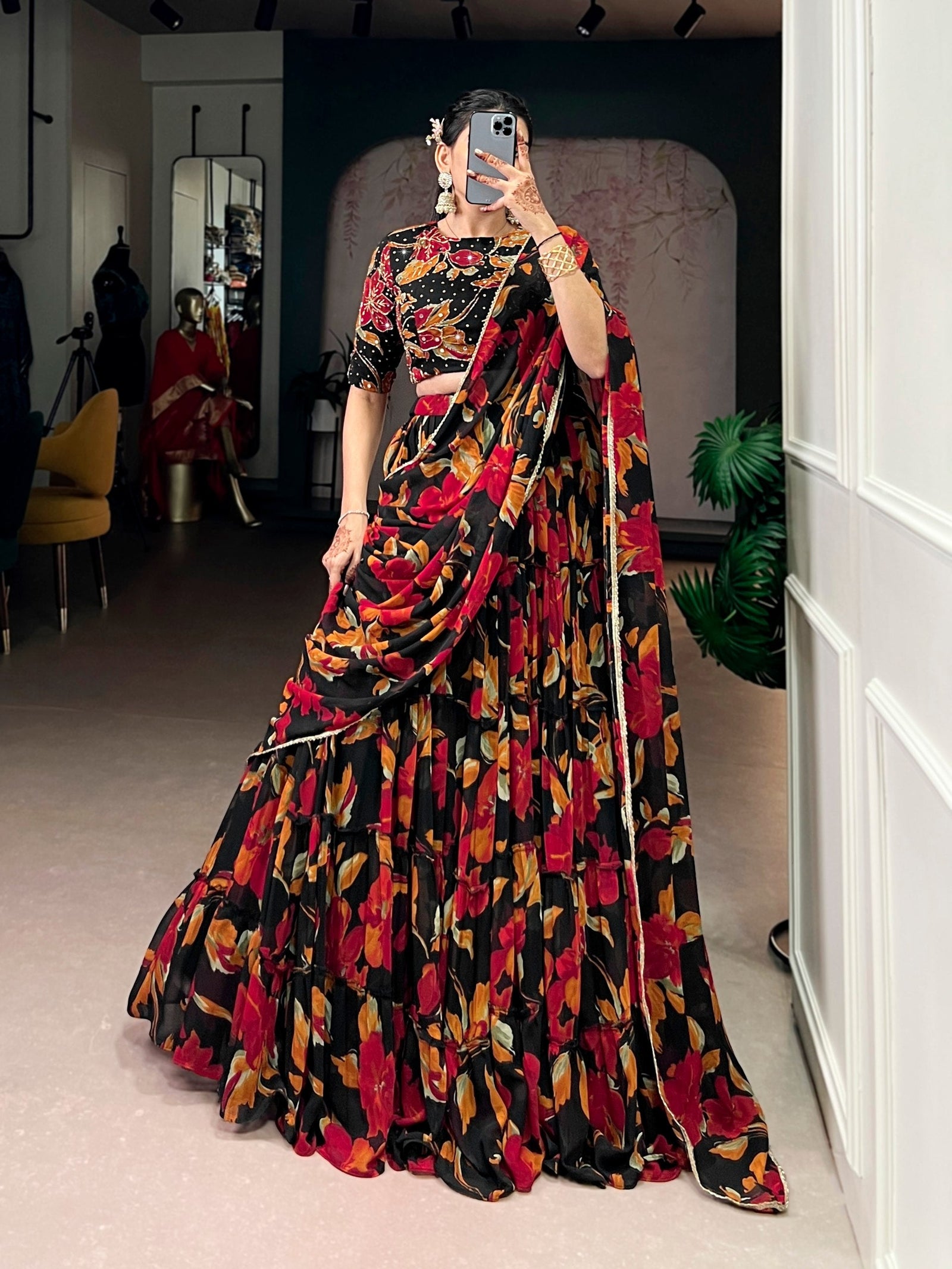 Black Floral Printed Lehenga Choli Set ClothsVilla
