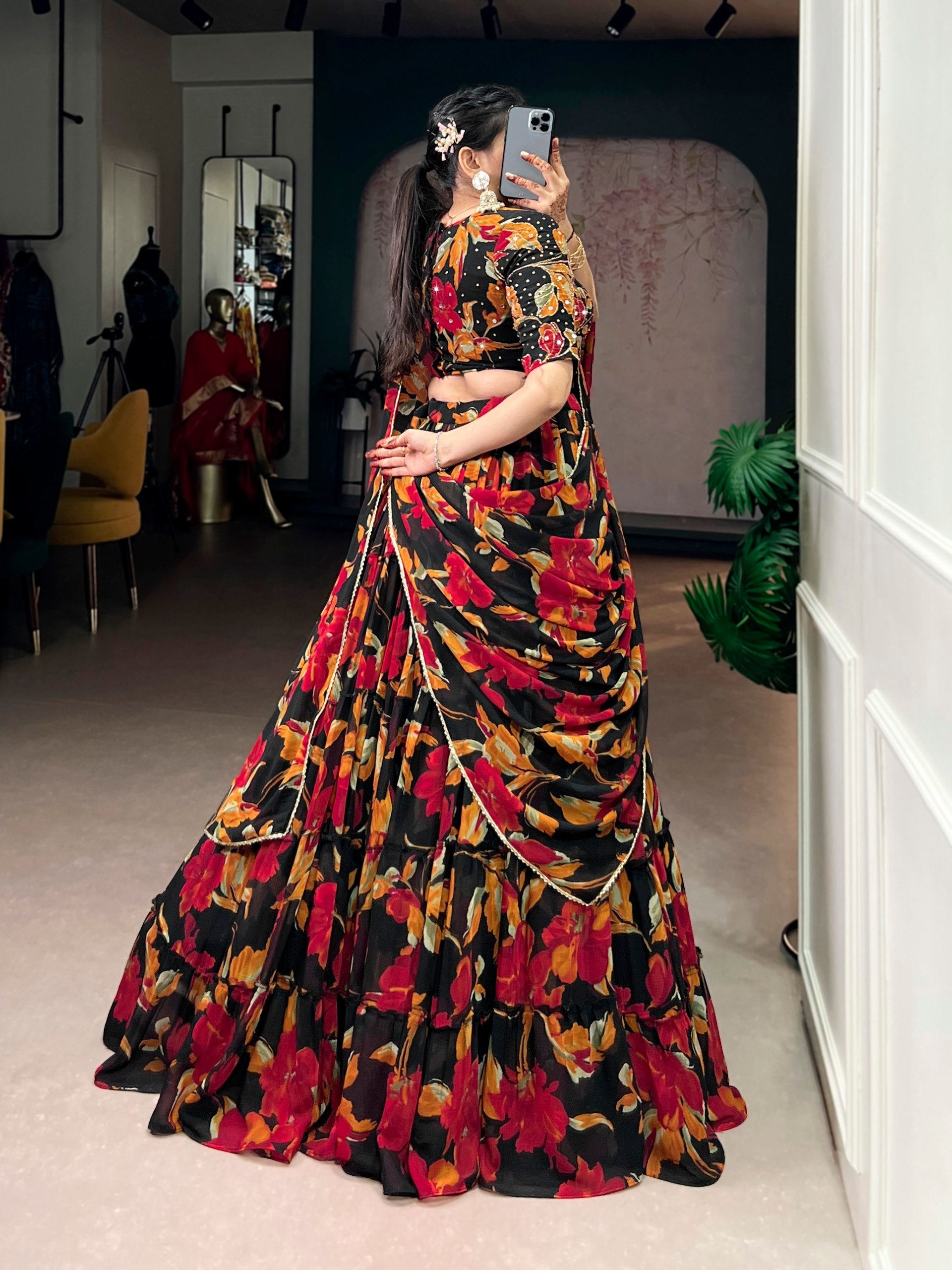 Black Floral Printed Lehenga Choli Set Secondary image