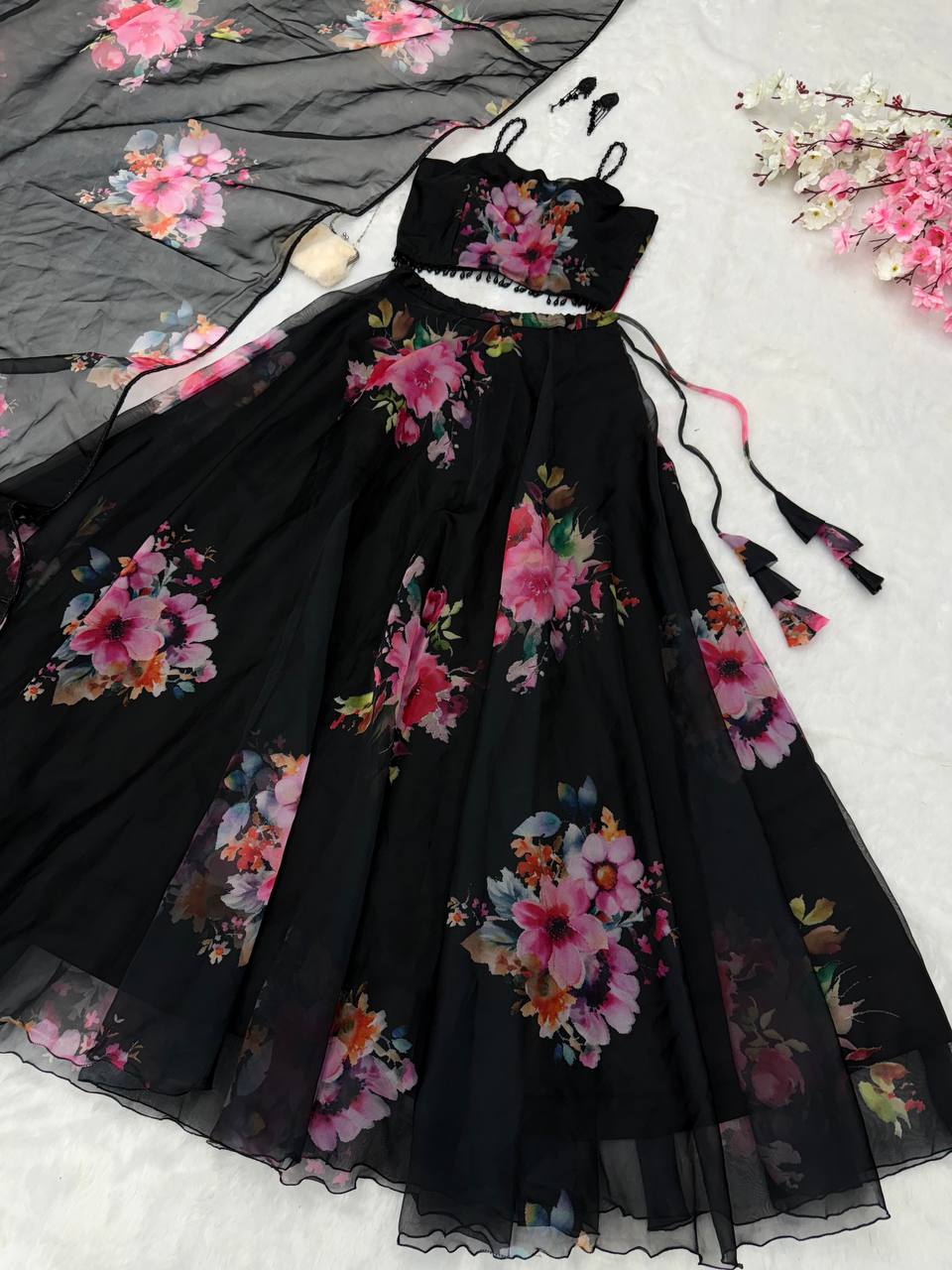 Black Floral Printed Organza Silk Lehenga Set with Handwork Blouse & Dupatta ClothsVilla