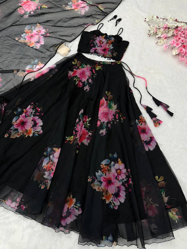 Black Floral Printed Organza Silk Lehenga Set with Handwork Blouse & Dupatta ClothsVilla