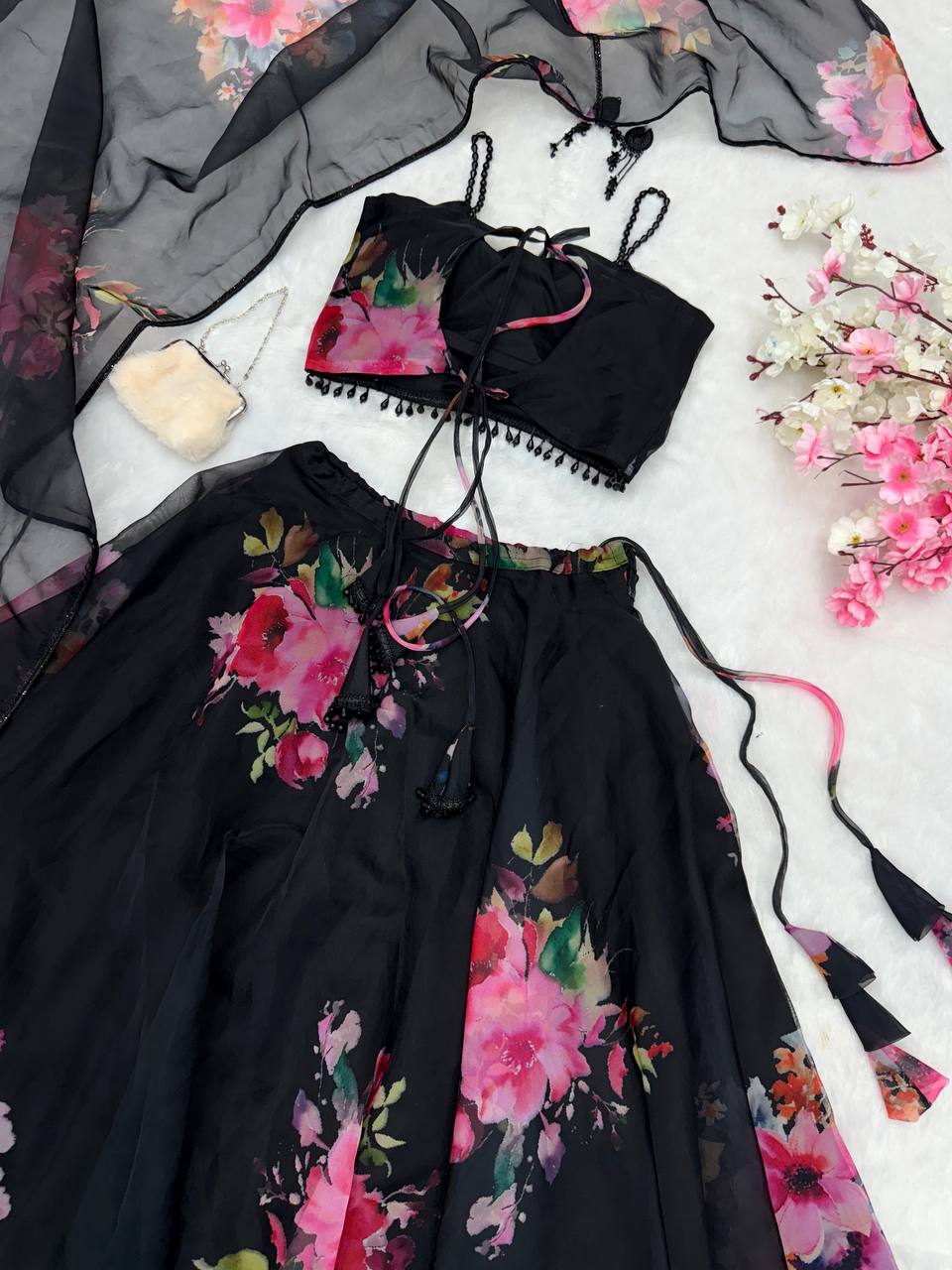 Black Floral Printed Organza Silk Lehenga Set with Handwork Blouse & Dupatta ClothsVilla