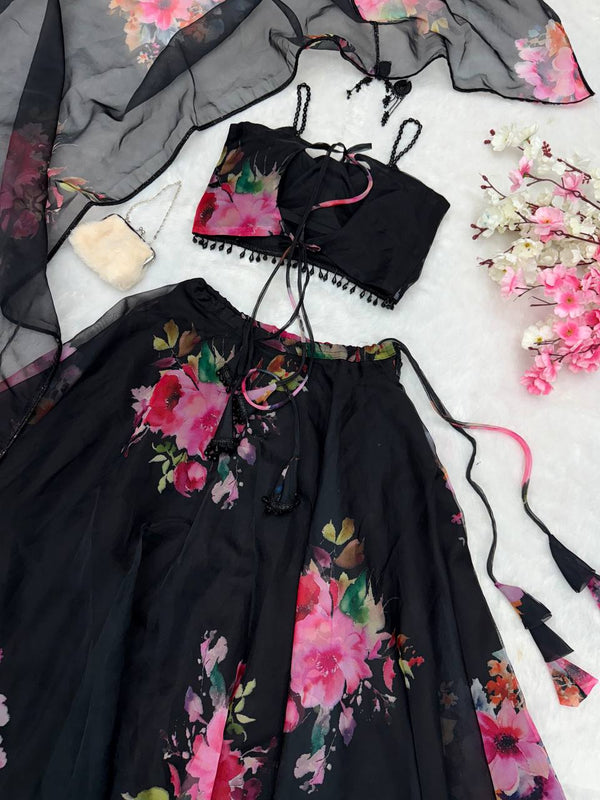 Black Floral Printed Organza Silk Lehenga Set with Handwork Blouse & Dupatta ClothsVilla