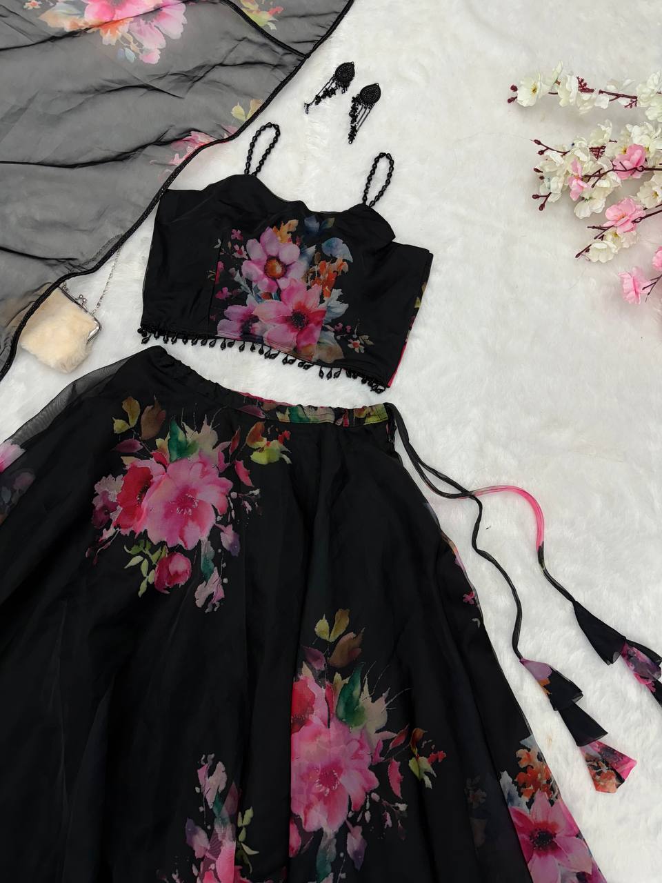 Black Floral Printed Organza Silk Lehenga Set with Handwork Blouse & Dupatta ClothsVilla