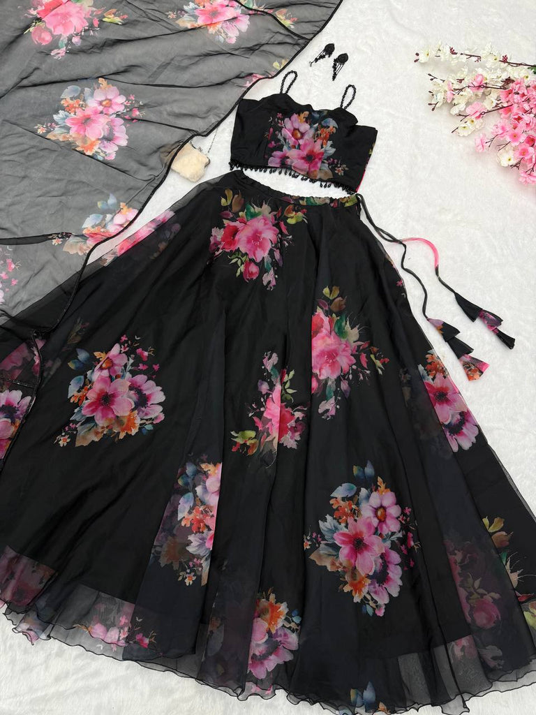 Black Floral Printed Organza Silk Lehenga Set with Handwork Blouse & Dupatta ClothsVilla