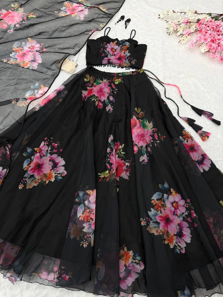 Black Floral Printed Organza Silk Lehenga Set with Handwork Blouse & Dupatta ClothsVilla