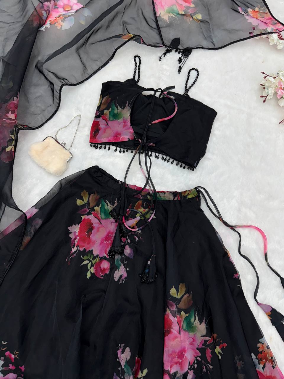 Black Floral Printed Organza Silk Lehenga Set with Handwork Blouse & Dupatta ClothsVilla