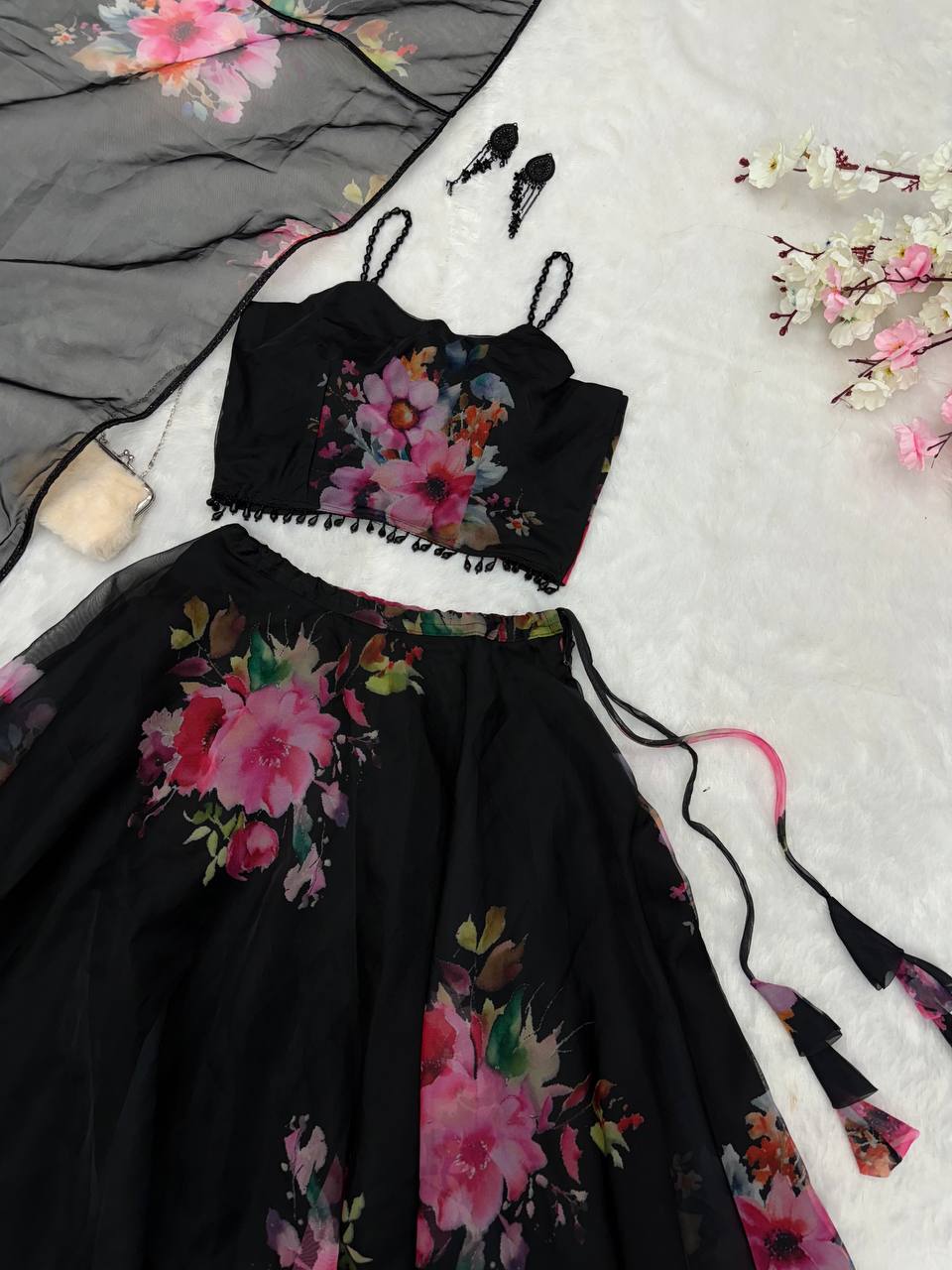 Black Floral Printed Organza Silk Lehenga Set with Handwork Blouse & Dupatta ClothsVilla
