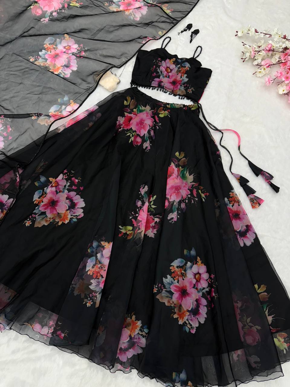 Black Floral Printed Organza Silk Lehenga Set with Handwork Blouse & Dupatta ClothsVilla