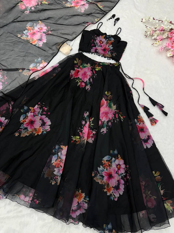 Black Floral Printed Organza Silk Lehenga Set with Handwork Blouse & Dupatta ClothsVilla