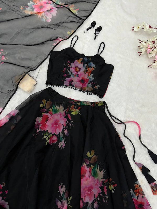 Black Floral Printed Organza Silk Lehenga Set with Handwork Blouse & Dupatta ClothsVilla