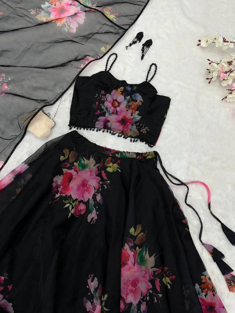 Black Floral Printed Organza Silk Lehenga Set with Handwork Blouse & Dupatta ClothsVilla